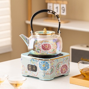 办公耐高温陶瓷养生蒸煮茶器家用 花开富贵电陶炉玻璃茶壶套装
