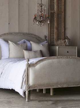 美式实木双人床地中海风格实木床婚床复古做旧实木双人床雕花布艺