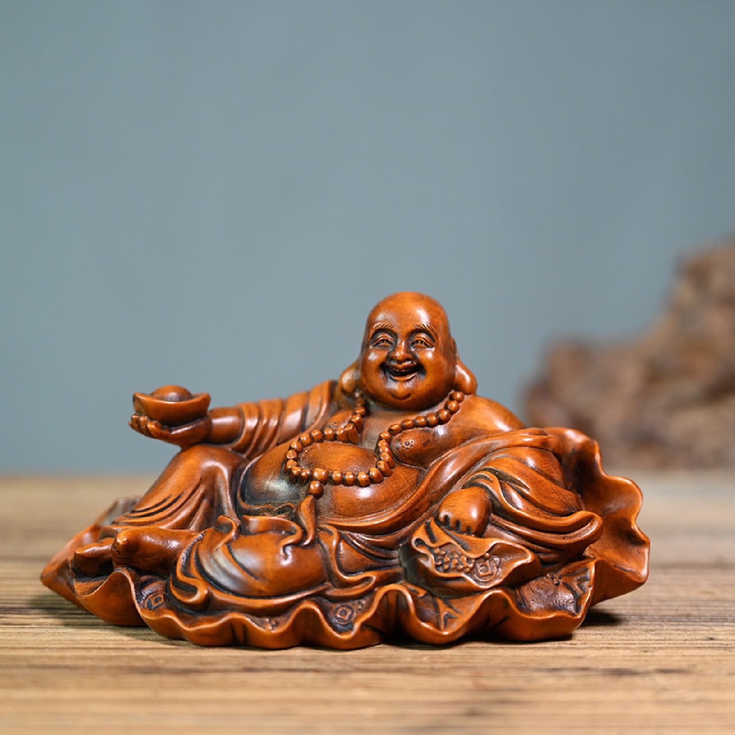 仿古黄杨木雕元宝弥勒佛古玩文玩桌面摆件车载装饰品木质工艺品