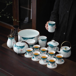 泡茶陶瓷整套家用茶艺工具盖碗茶壶高档简约茶器 手绘荷韵茶具套装