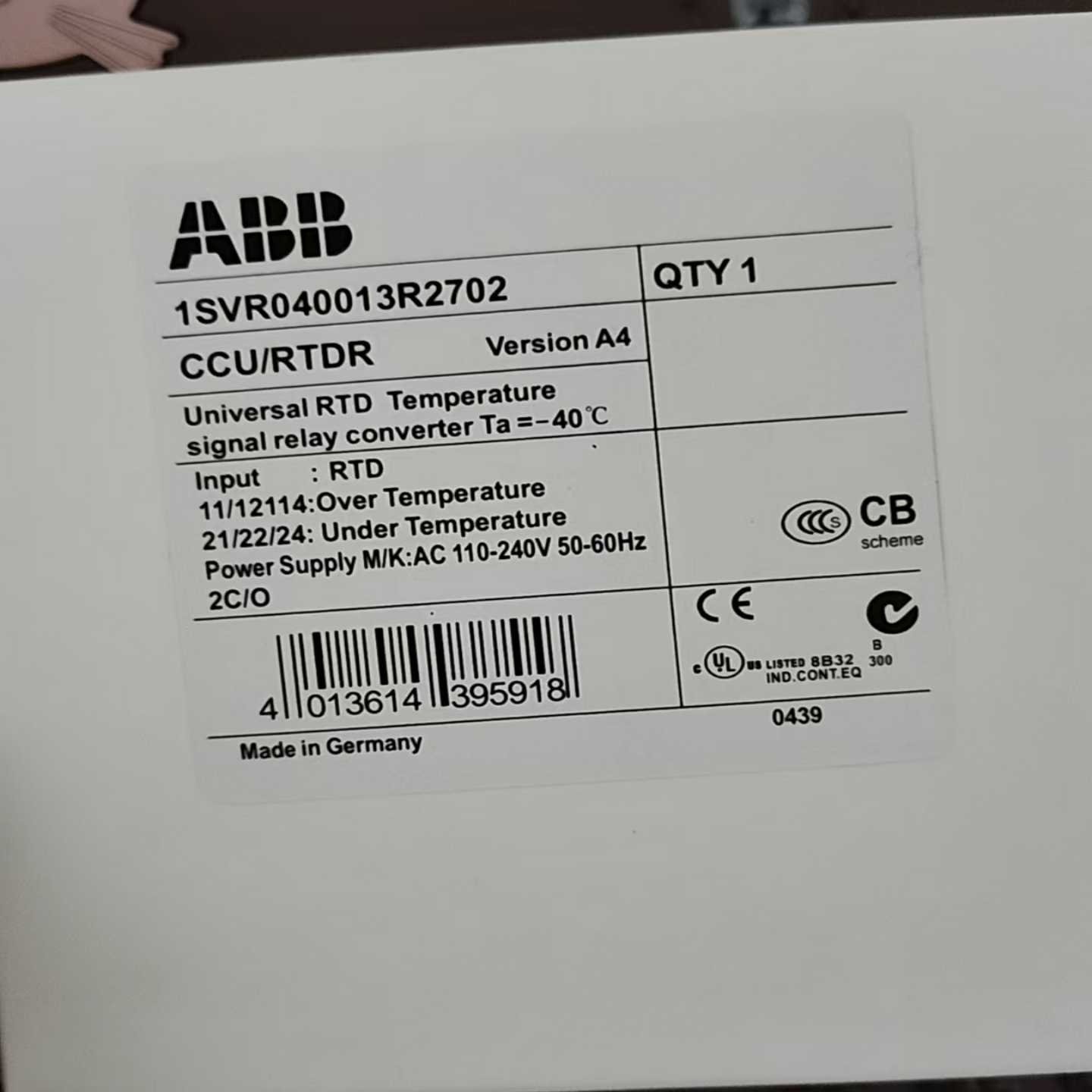 ABB原装CCU/RTDR温度信号转换器，型号1SVR040--议价商品