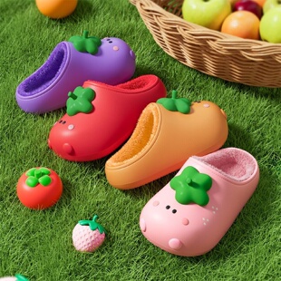 可爱番茄儿童棉拖鞋女童秋冬季家居室内保暖男孩亲子毛毛防水拖鞋