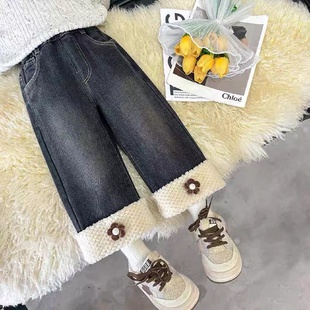 万圣节女童裤子加绒牛仔裤秋冬装儿童一体绒加厚宝宝冬天休闲冬季