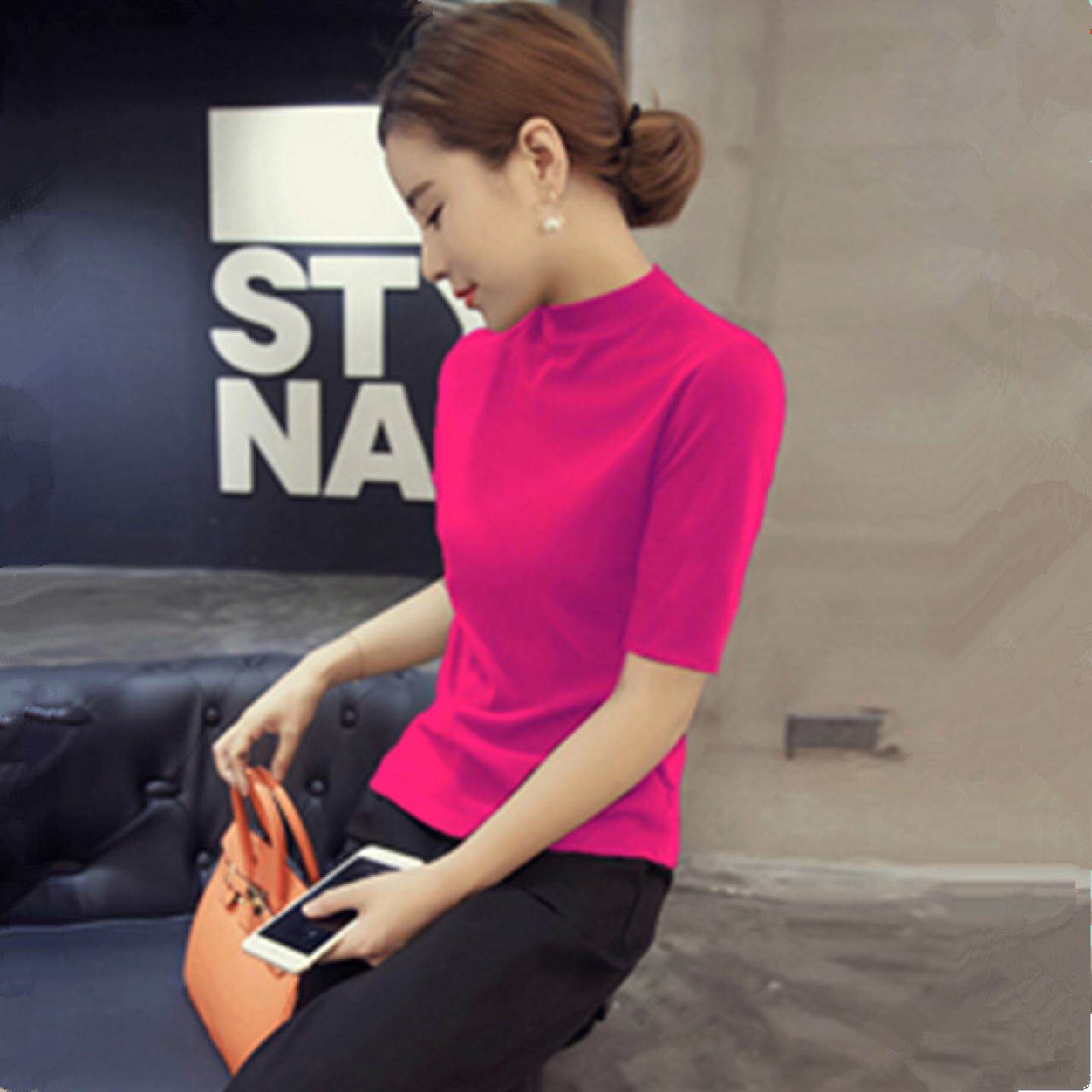 春秋冬季半高领中袖针织衫女士玖红毛衣五分袖修身紧身上衣打底衫