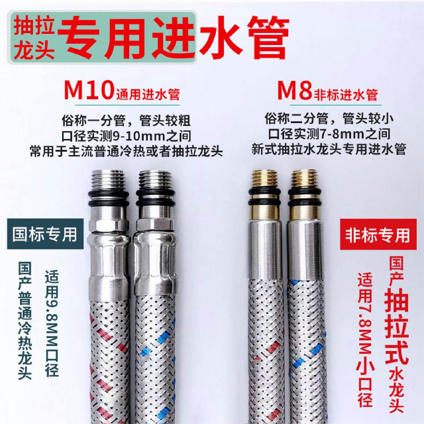 抽拉式水龙头非标小口径7.5mm冷热进水管m8上水管2分配件软管防爆