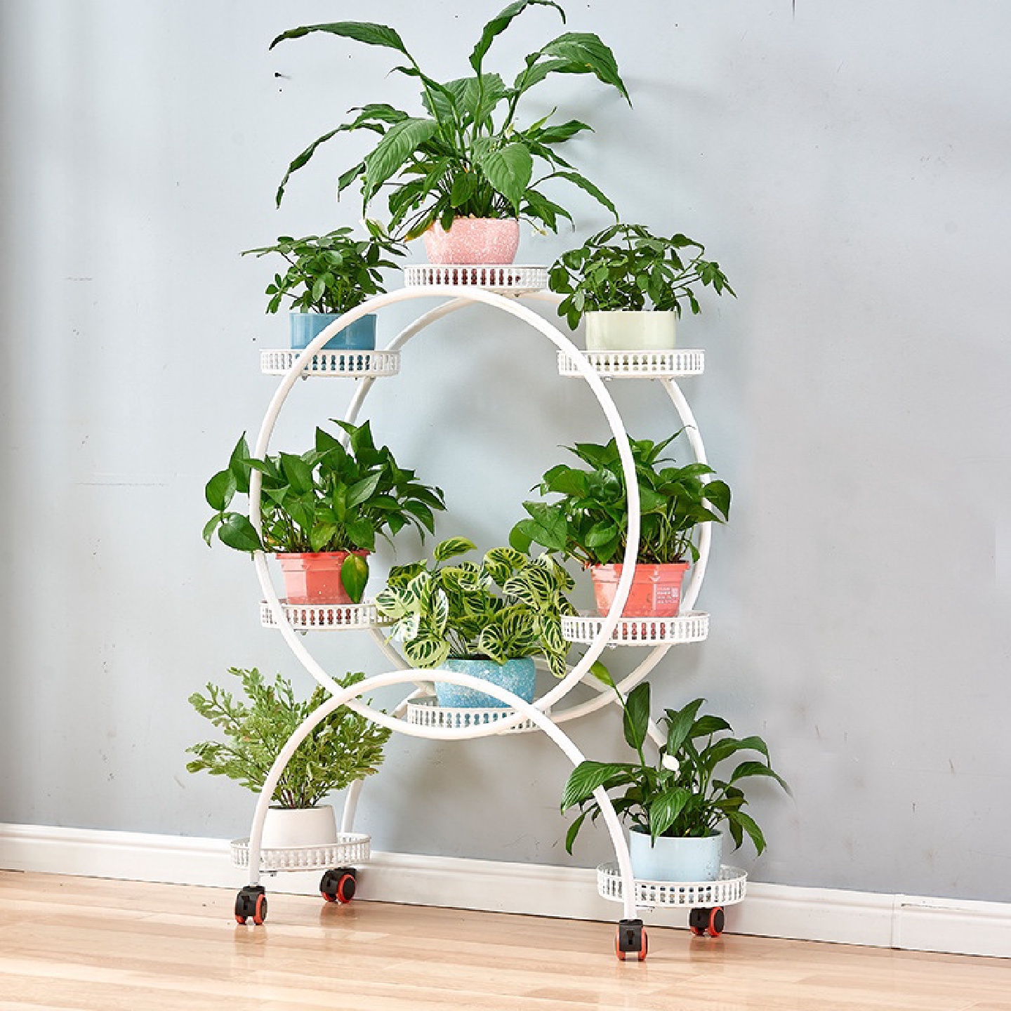 9U铁艺多层花架带万向滑轮落地式客厅阳台室内家用可移动花盆置物