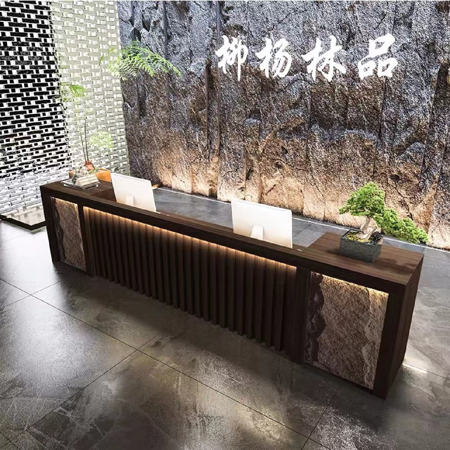 民宿迎宾台实木前台公司接待台轻奢收银台大理石吧台柜台高端订制