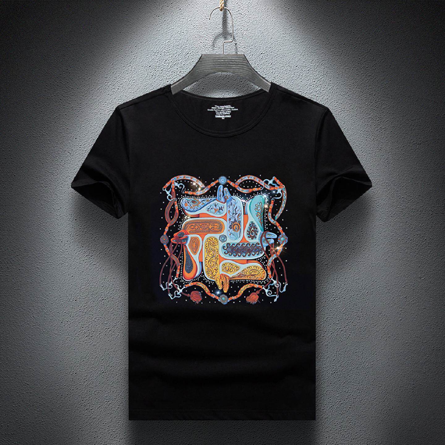 2026短袖恤男装棉半袖欧美潮印花烫钻欧洲站圆领修身冰丝潮