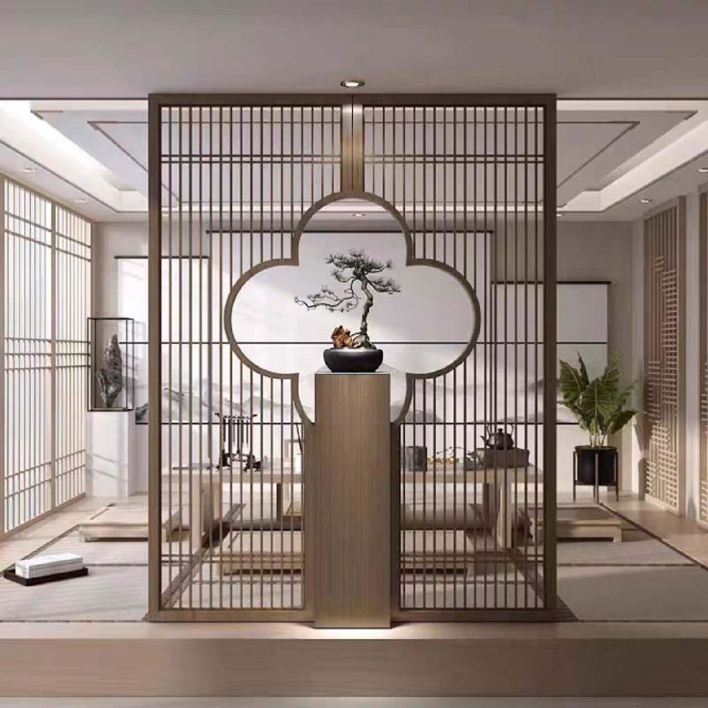 轻奢马鞍皮革旋转屏风隔断办公室会所装饰酒店餐厅不锈钢折屏玄关 - 实物图