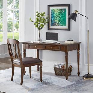 美式 书桌办公桌实木胡桃色电脑桌小户型书房简易学习桌学生写字桌