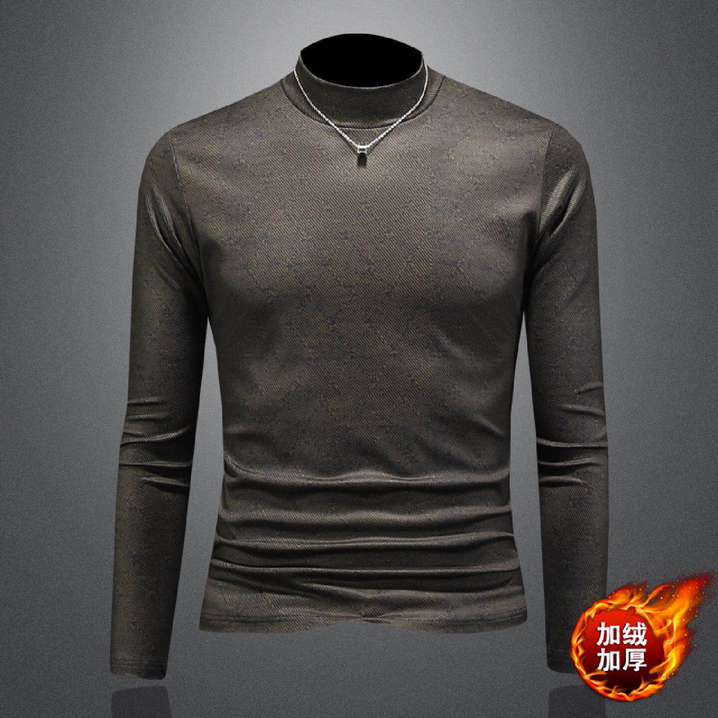 欧洲站长袖恤男士秋冬季新款半高领打底衫修身体恤内搭加绒潮男装