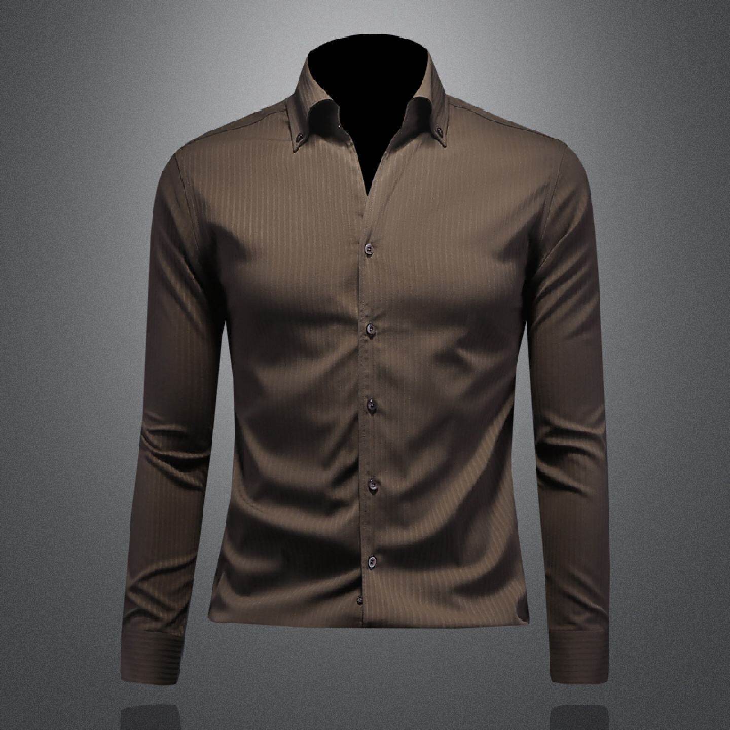 2026衬衫男长袖大领春秋季新款条纹高级感英伦抗皱修身休闲衬衣潮