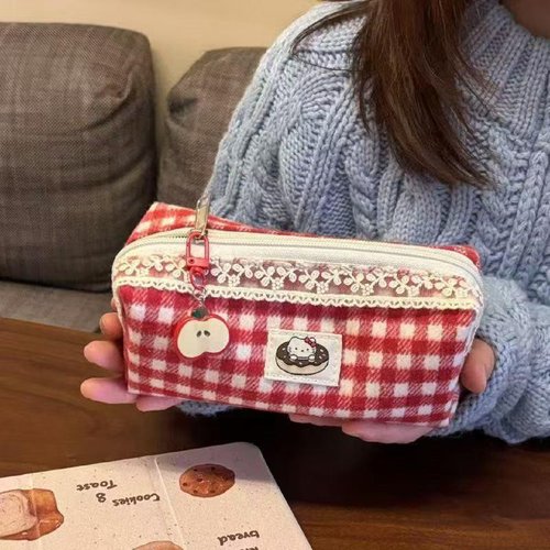 新款原创收纳红格子笔袋复古简约学生大容量文具盒文具收纳包袋