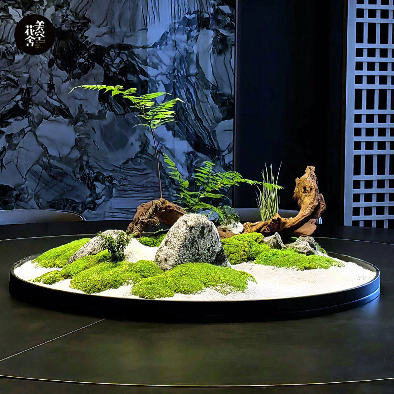 酒店餐桌转盘摆件永生苔藓中间摆花高端微景观装饰仿真花/美空2