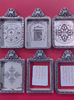 复古尼泊尔方形唐卡盒子 4*5藏银雪狮子嘎乌盒方牌挂件吊坠批发