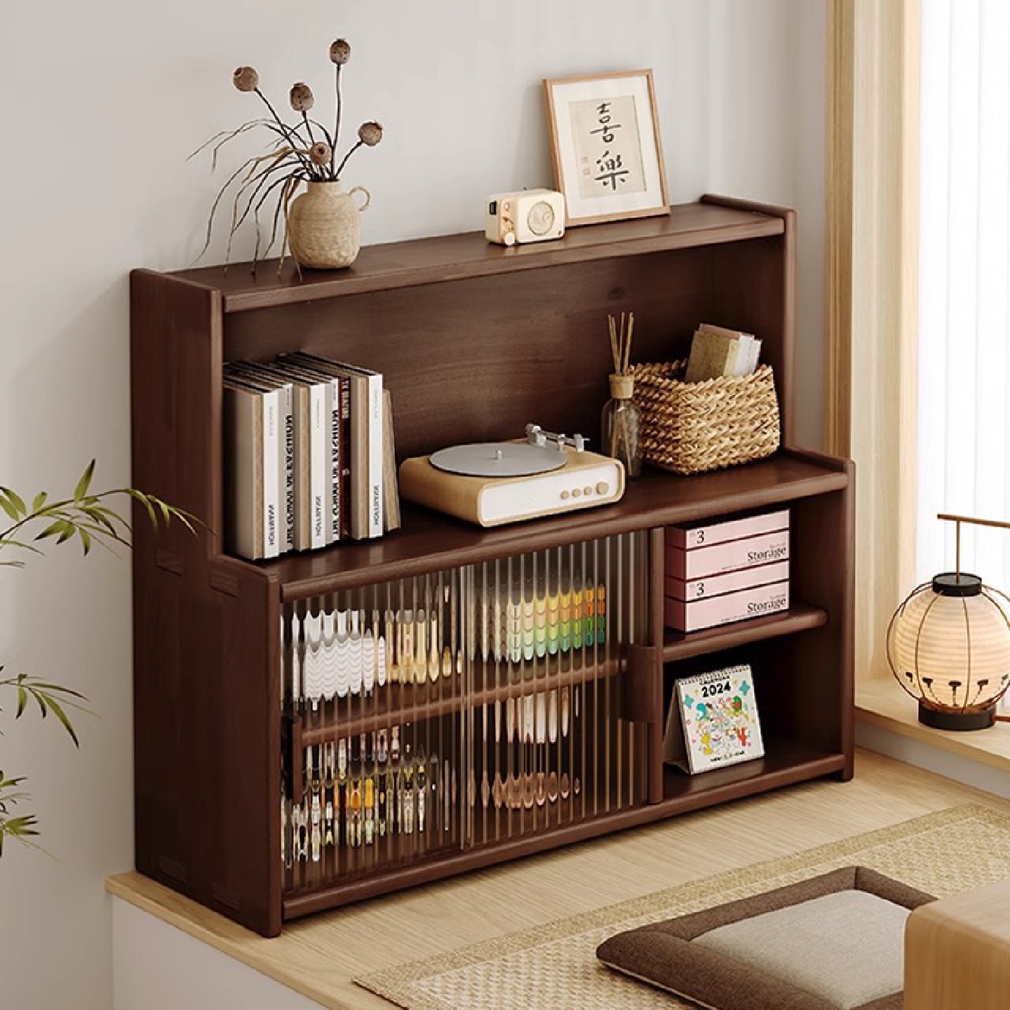 实木飘窗柜收纳储物柜子家用阳台改造窗台中古风书架日式防尘书柜