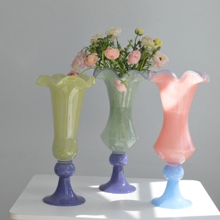 餐桌花瓶手工琉璃高脚花器摆件插花装 Vintage复古风中古法式 饰品