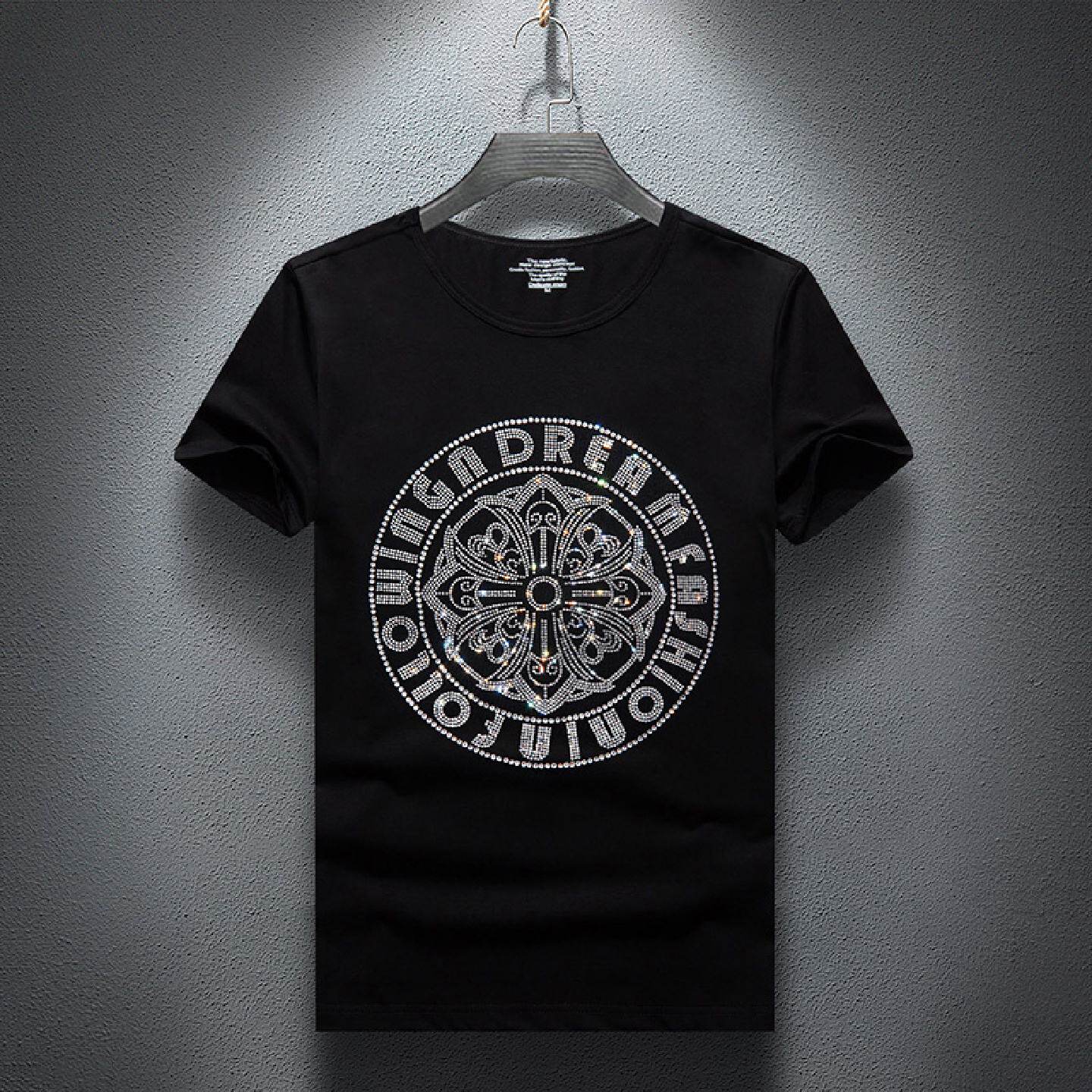 2026年夏季新款短袖恤男潮牌修身冰丝烫钻半袖大码半袖潮男