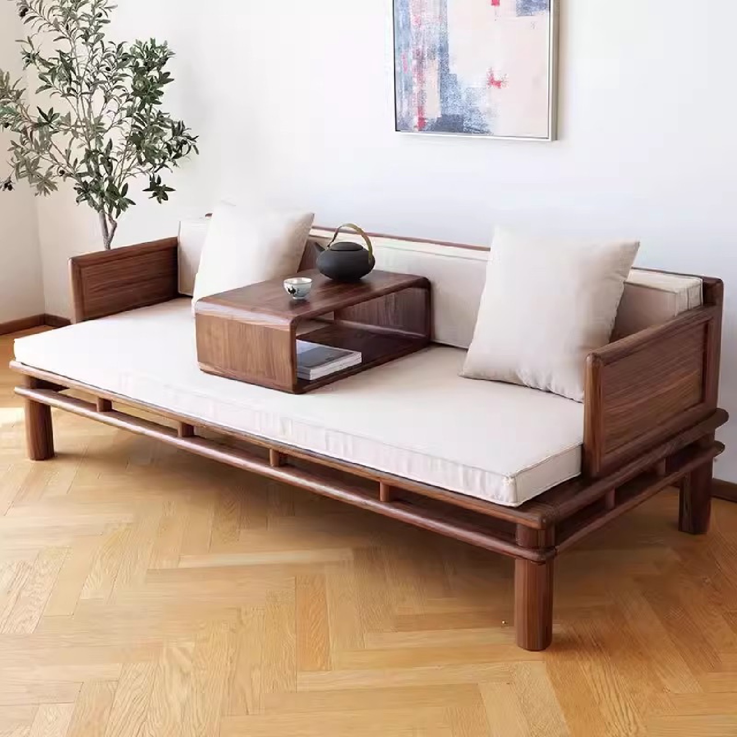 北美黑胡桃木罗汉床全实木新中式小户型客厅家具简约两用沙发床