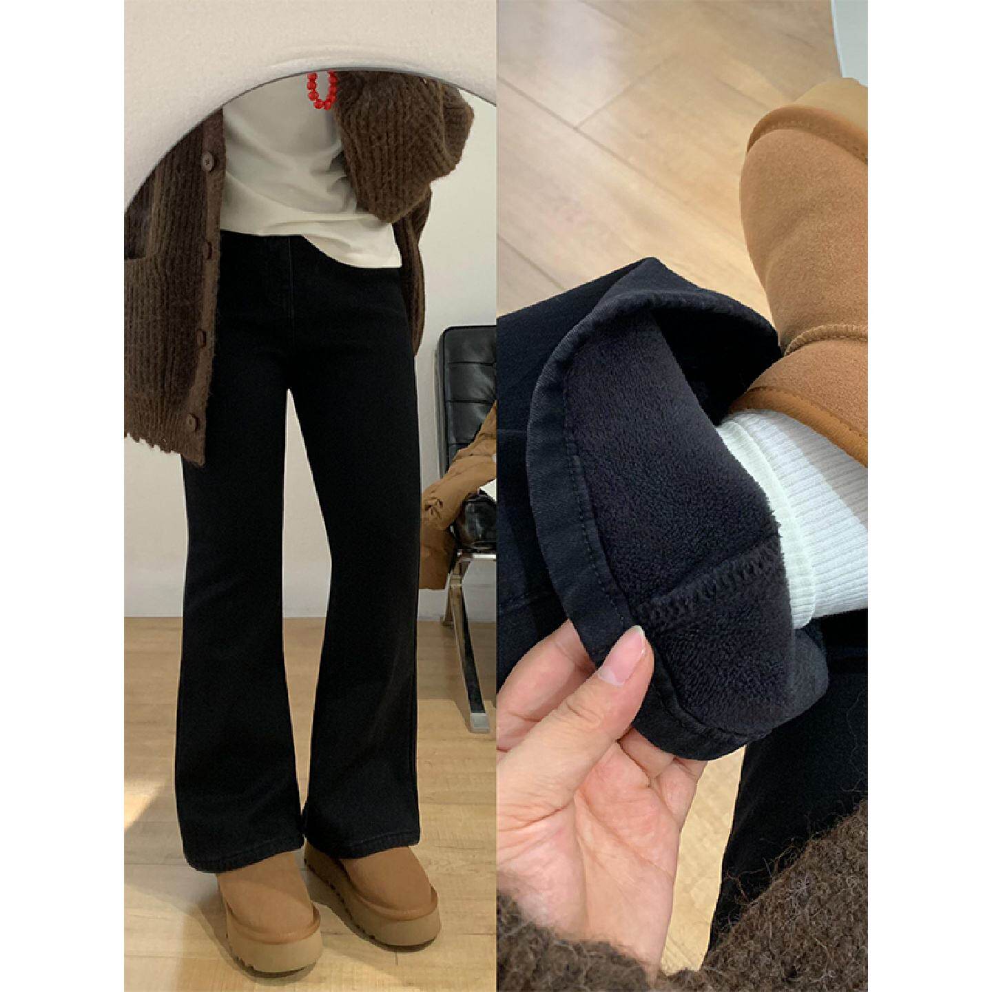 黑色微喇牛仔裤女秋冬加绒胖妹妹mm高腰宽松显瘦梨型身材喇叭裤子