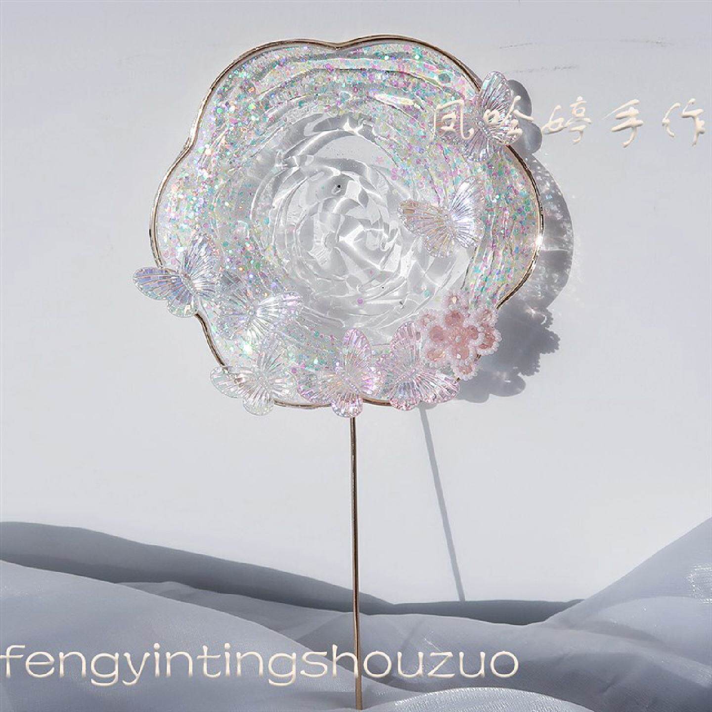 水扇透明桃花流水团扇古典扇子古风透明梅花形流苏古装汉服古装扇