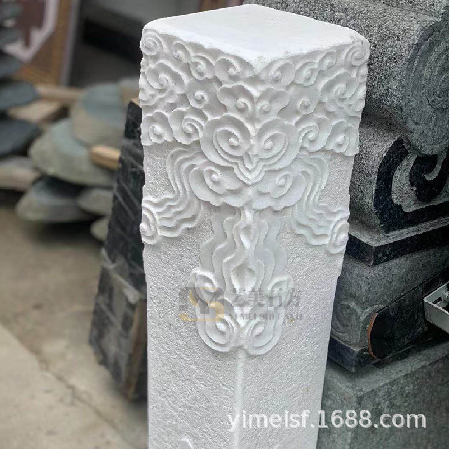 祥云柱汉白玉广西白底座底柱花盆柱园艺摆件虫鱼鸟兽浮雕曲阳雕刻