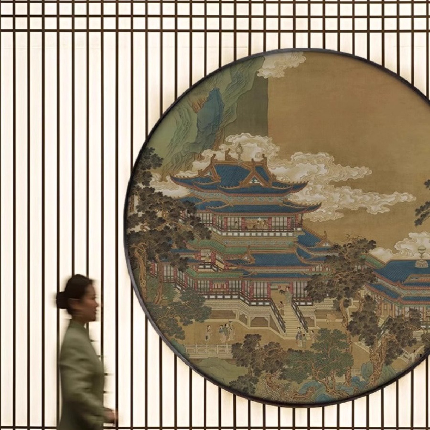 新中式圆形玄关装饰画中国风古建筑楼阁壁画客厅茶室书房墙壁挂画图片