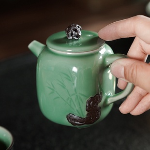 竹石竹报平安陶瓷家用茶具茶器青瓷单个茶壶品茗泡茶送礼高档 中式