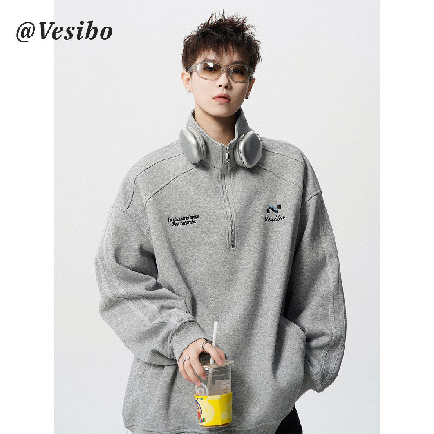 美式潮牌刺绣POLO衫男春高街复古半拉链立领外套宽松运动长袖卫衣