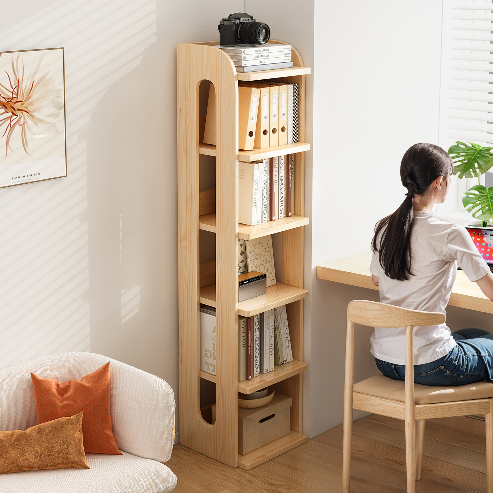 实木书架落地置物架一体靠墙储物柜学生家用墙角不占地方简易