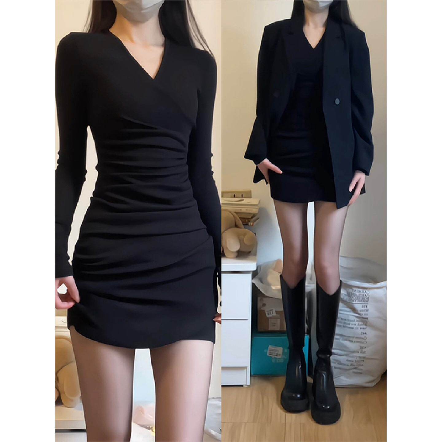 黑色V领加绒包臀连衣裙女秋冬修身紧身大衣内搭秋季裙子2025新款