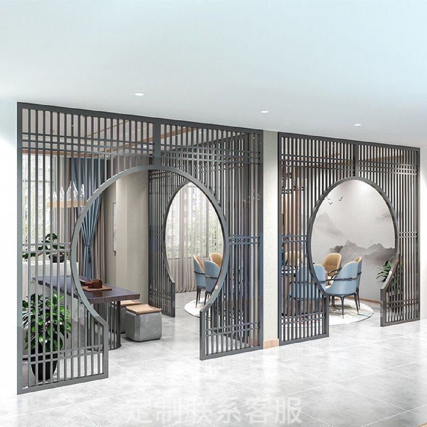 中式餐厅拱门铁艺包间屏风饭店包厢火锅店茶楼围栏卡座月亮隔断