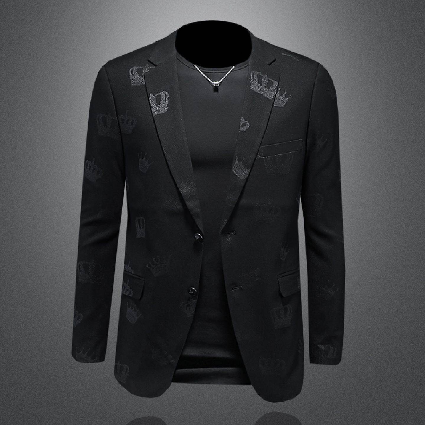 2026欧洲站潮牌西装男士春秋季新款休闲韩版修身皇冠印花单件西服