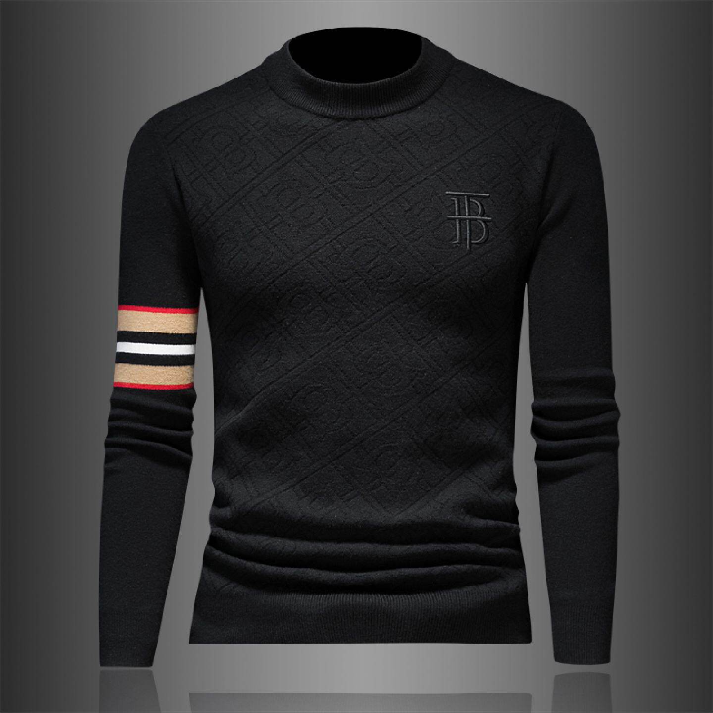 欧洲站休闲内搭圆领羊毛衫男秋冬季新款厚款修身打底刺绣毛衣潮男