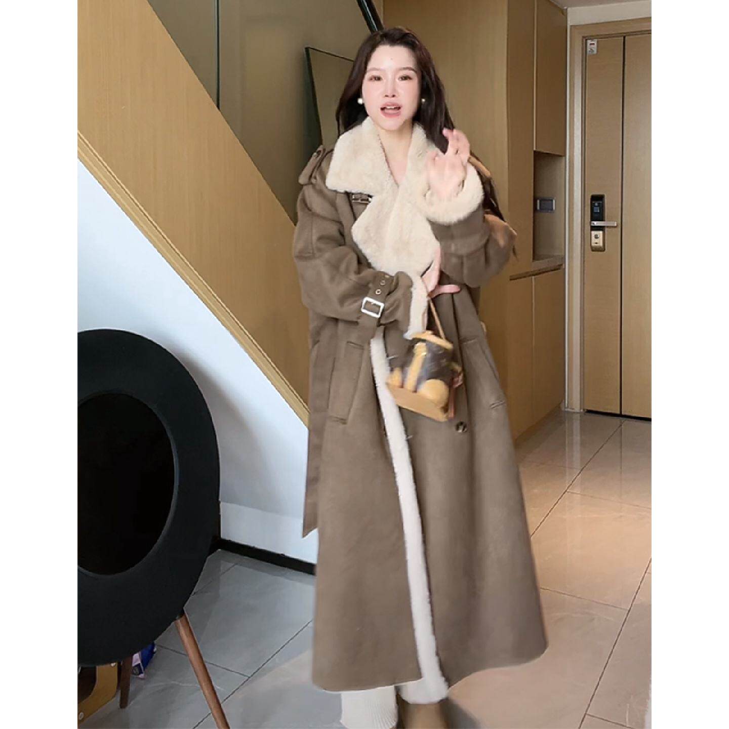 环保皮草外套女2024冬新款宽松立领加厚皮毛一体羊羔绒中长款大衣
