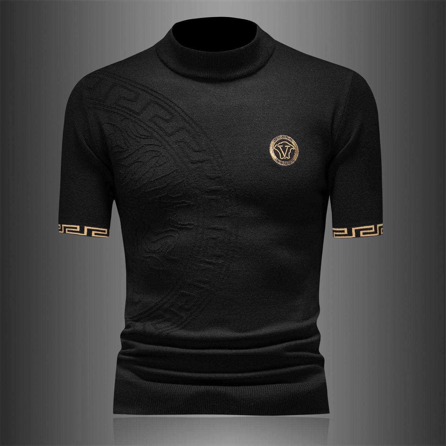 欧洲站半高领字母刺绣短袖羊毛衫男冬季新款修身提花半袖内搭毛衣