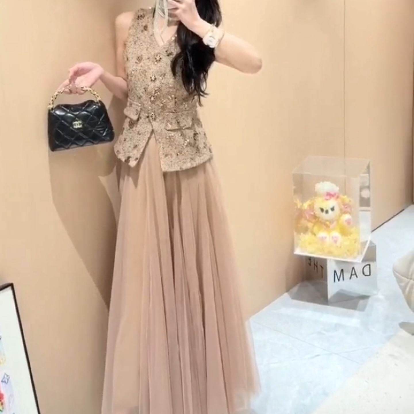 2025新款春夏粉色a字网纱裙高腰中长款网纱半身裙女超仙伞裙垂感