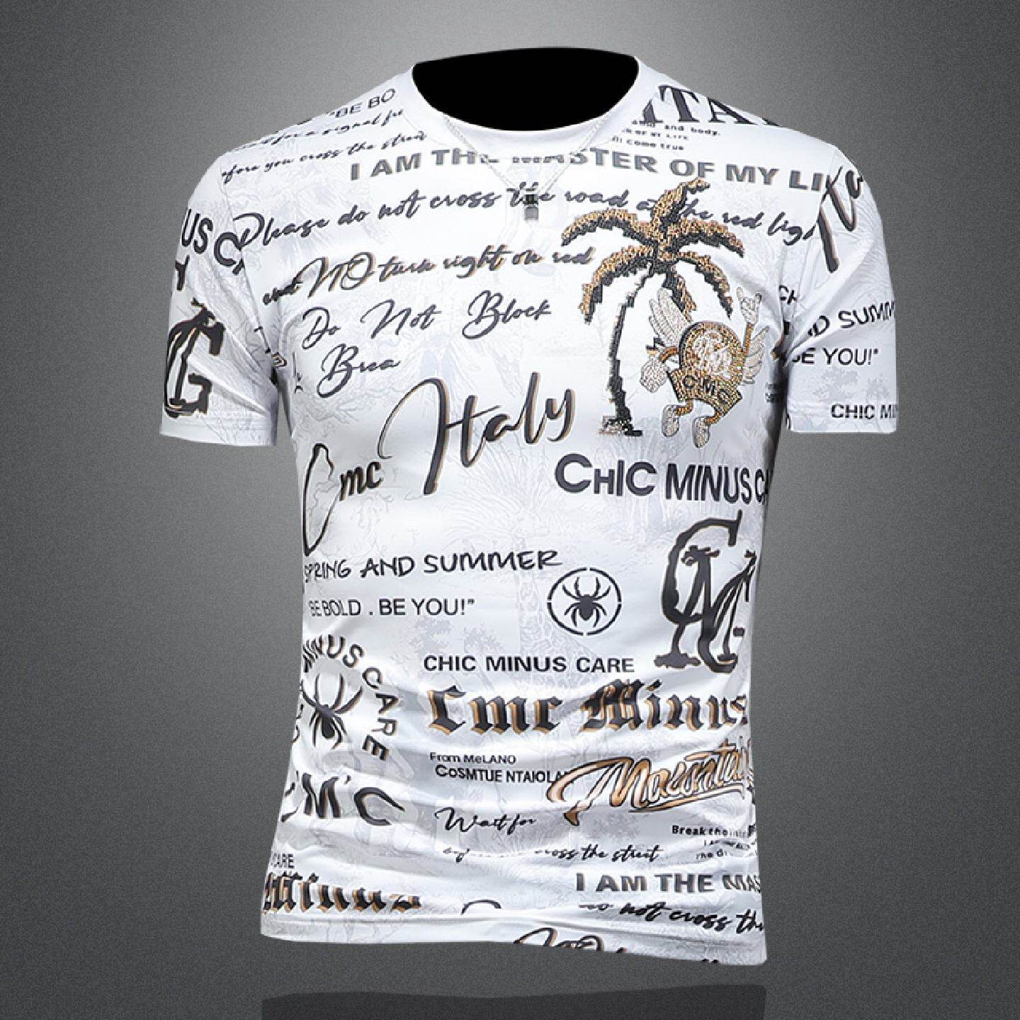 欧美圆领短袖恤男士满印花字母个性帅气休闲显瘦潮牌新款体恤衫潮