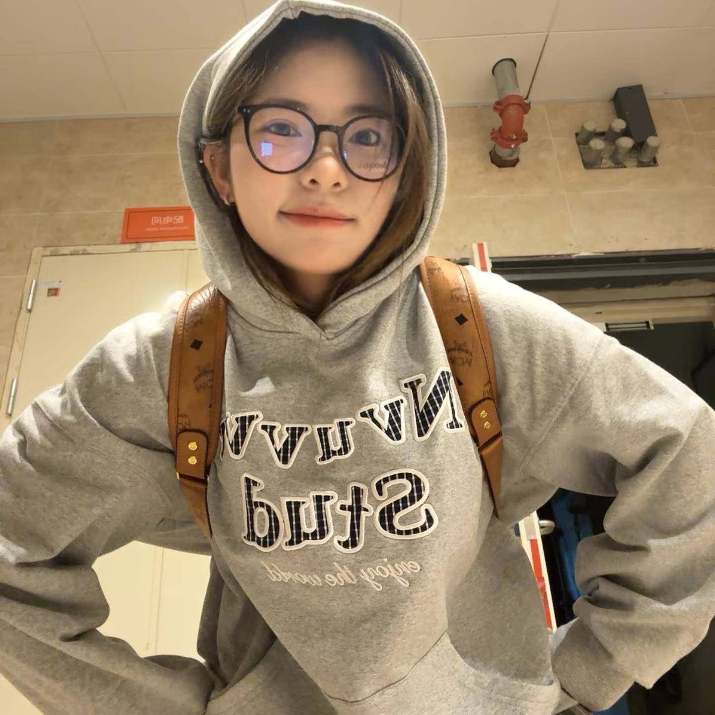 美式复古重磅连帽加绒卫衣女秋冬新款字母刺绣小众设计感宽松上衣