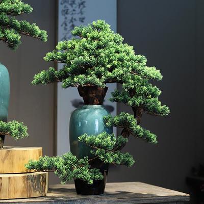 新中式仿真迎客松盆景绿植禅意摆件悬崖式盆栽陶瓷花瓶玄关桌茶室