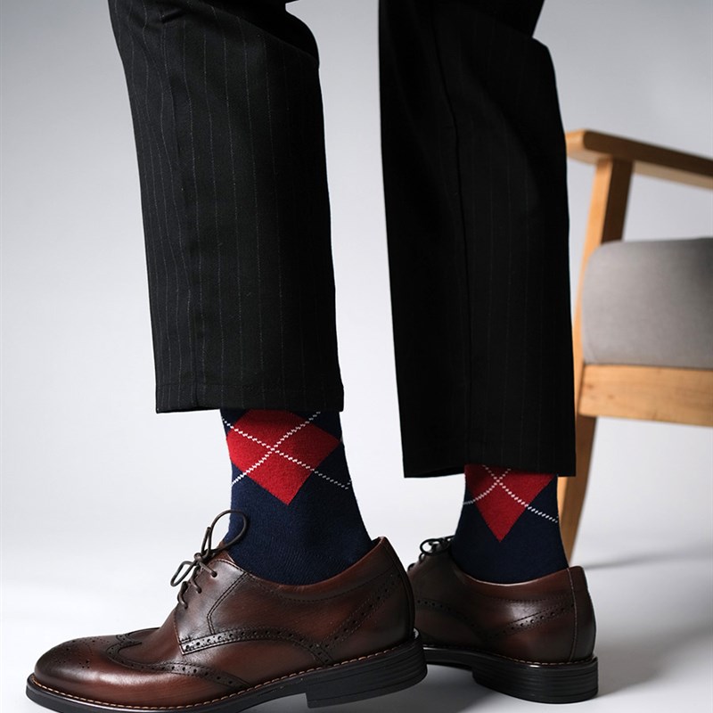 男士商务五趾袜提花英伦风高筒袜加长筒男袜棉袜中长帮菱格脚趾袜