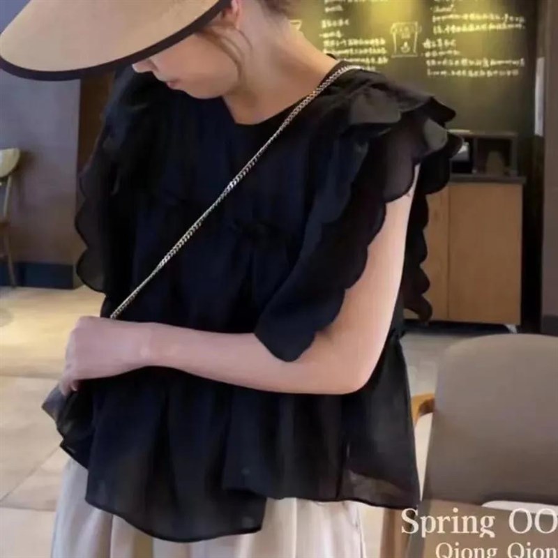 法式荷叶边飞飞袖圆领衬衫女夏季甜美娃娃衫宽松小众别致无袖上衣