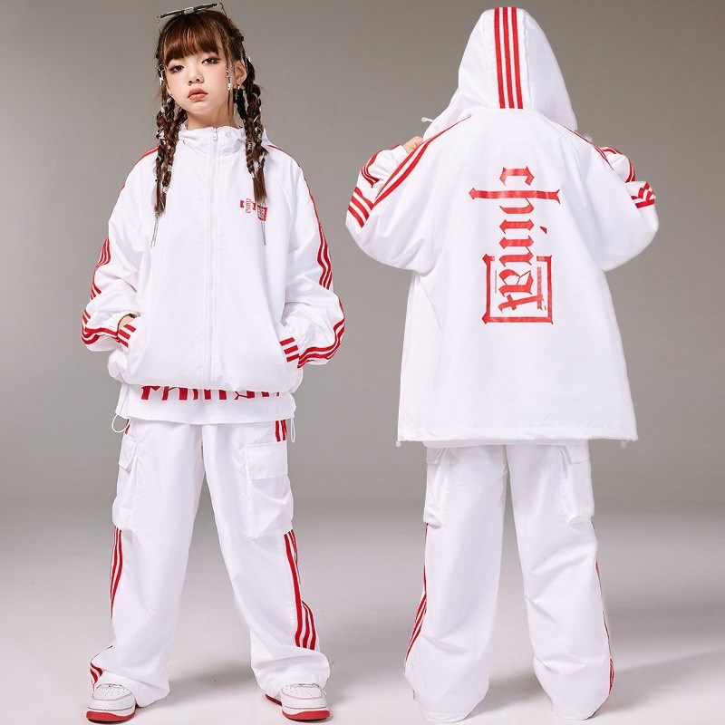 少儿街舞嘻哈潮服套装新款春秋风衣白色演出服帽衫男孩嘻哈表演服