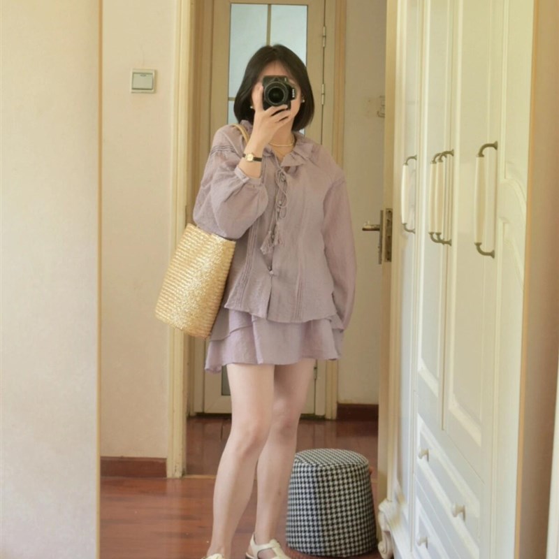 大码胖mm洋气减龄紫色套装女夏季木耳边薄款防晒衬衫短裙两件套潮