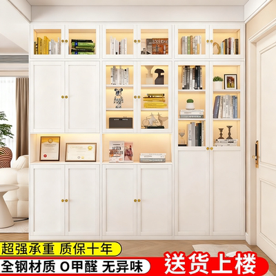 钢制家用落地书柜轻奢玻璃门展示柜儿童书架柜整墙到顶组合收纳柜