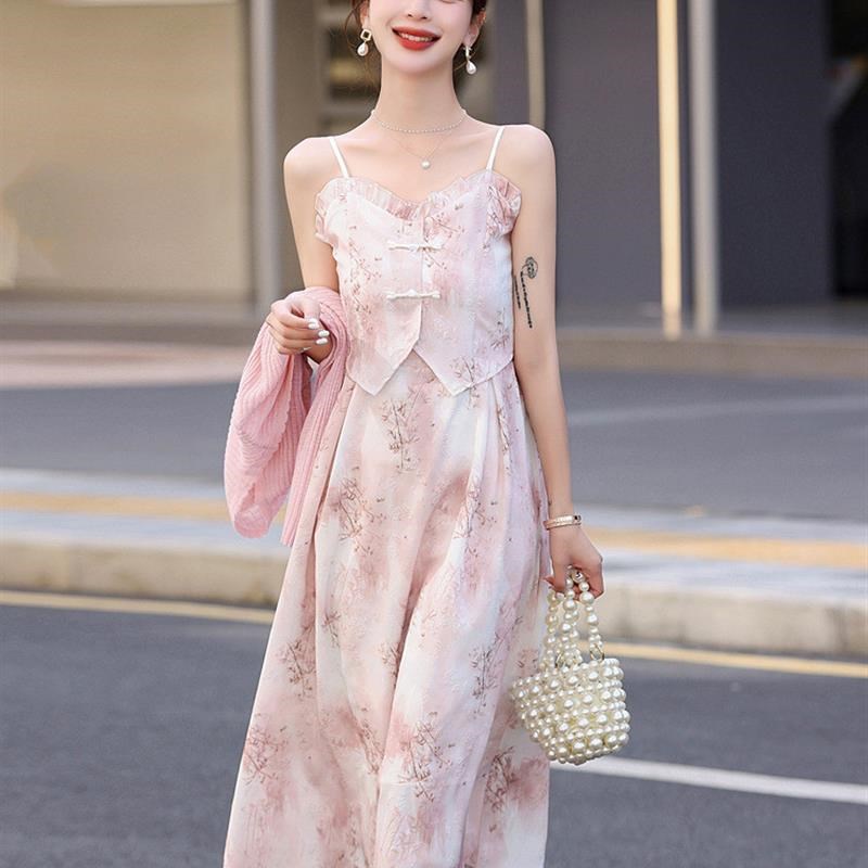 2024新款套装裙子女夏新中式轻国风禅意印花吊带连衣裙两件套收腰