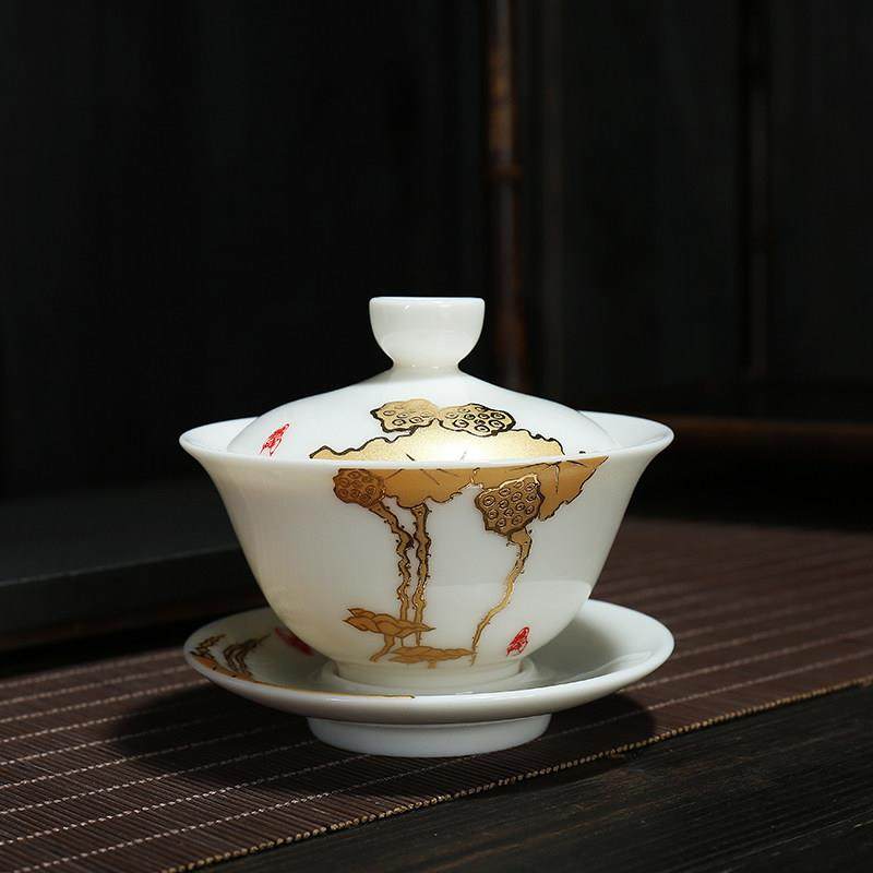 简约轻奢羊脂白玉陶瓷三才盖碗中式功夫茶具配件大号敬泡茶碗包邮