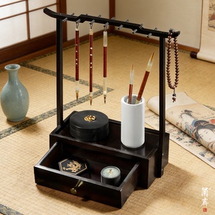 新中式毛笔挂架多功能笔架毛笔架楠竹笔挂实木毛笔挂收纳置物架文房四宝摆件书法收纳架挂毛笔的笔架托学生