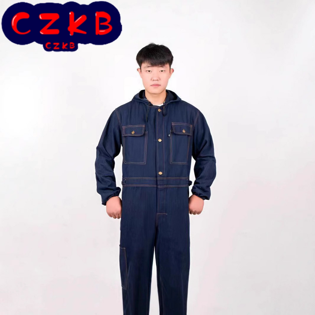 牛仔连体服带帽工作服男女防尘汽修厂电焊一体服套装工装长袖防护