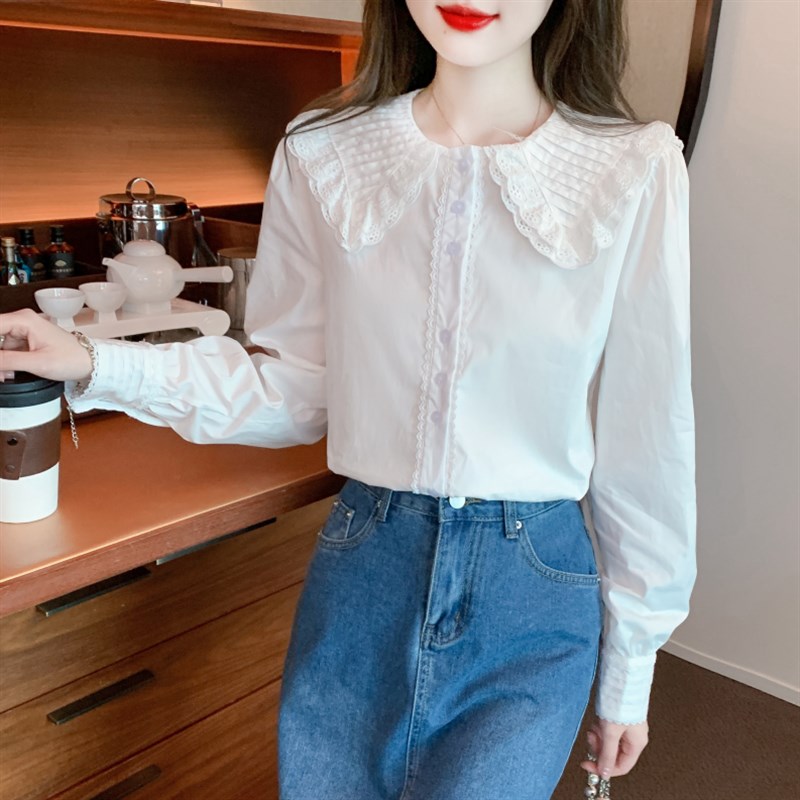 娃娃领衬衫女2024春秋新款法式甜美蕾丝花边白衬衣泡泡袖雪纺上衣